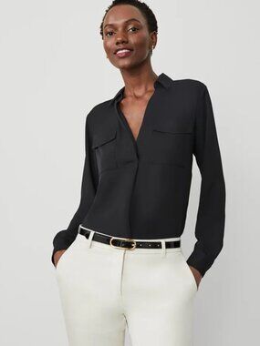 Ann Taylor Black Long-Sleeve V-Neck Blouse